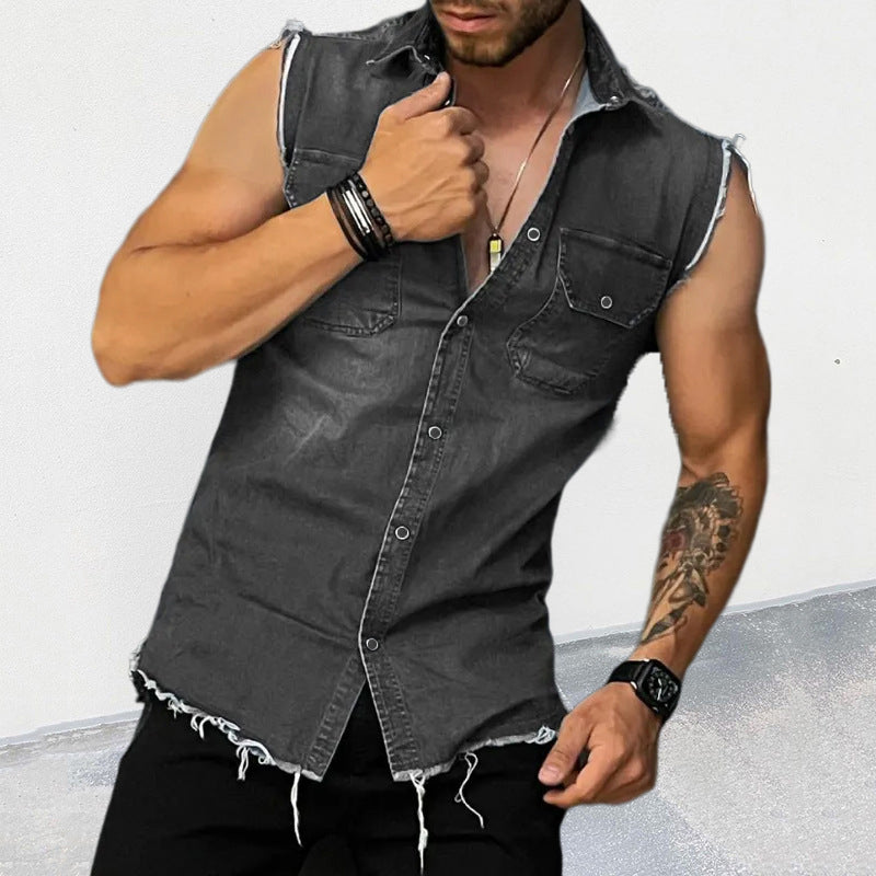 Steve | Men's Sleeveless Button-Up Denim Shirt with Ripped Hem and Cuff