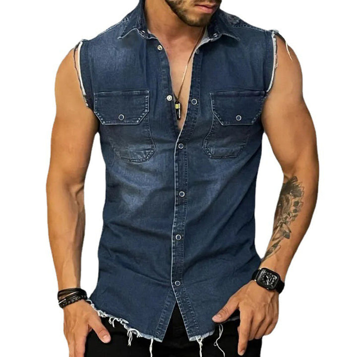 Steve | Men's Sleeveless Button-Up Denim Shirt with Ripped Hem and Cuff