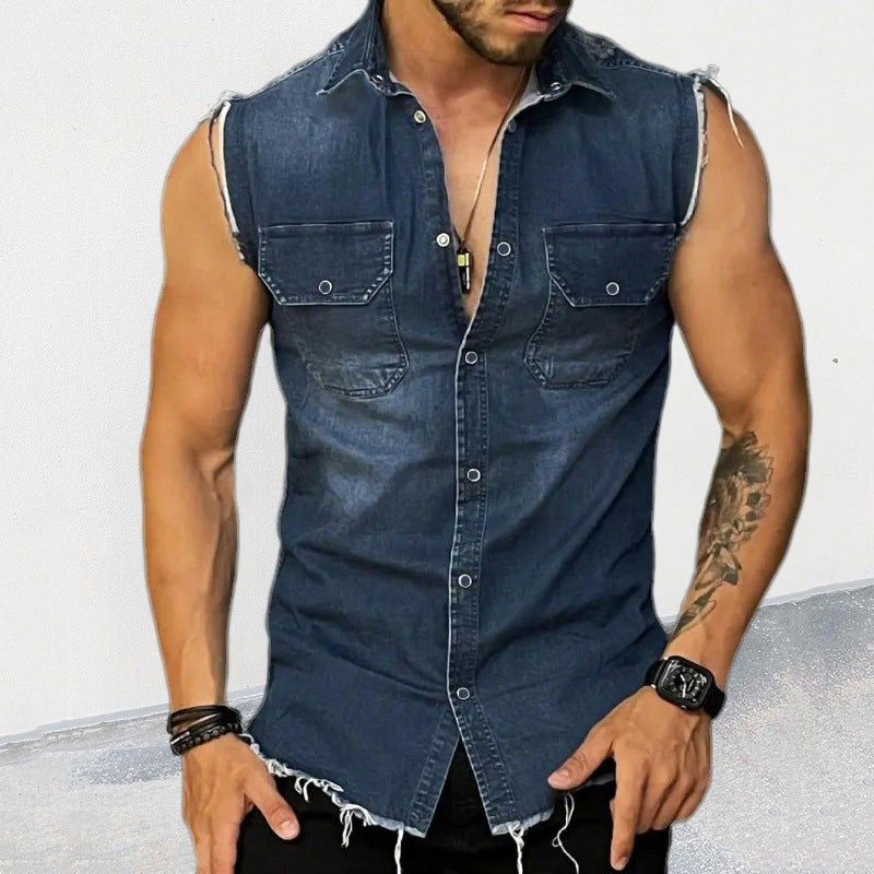 Steve | Men's Sleeveless Button-Up Denim Shirt with Ripped Hem and Cuff