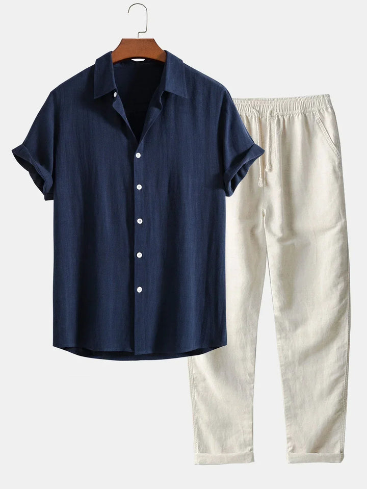 Lucas | Men's Two Piece Set with Short Sleeve Shirt and Elastic Waist Trouser