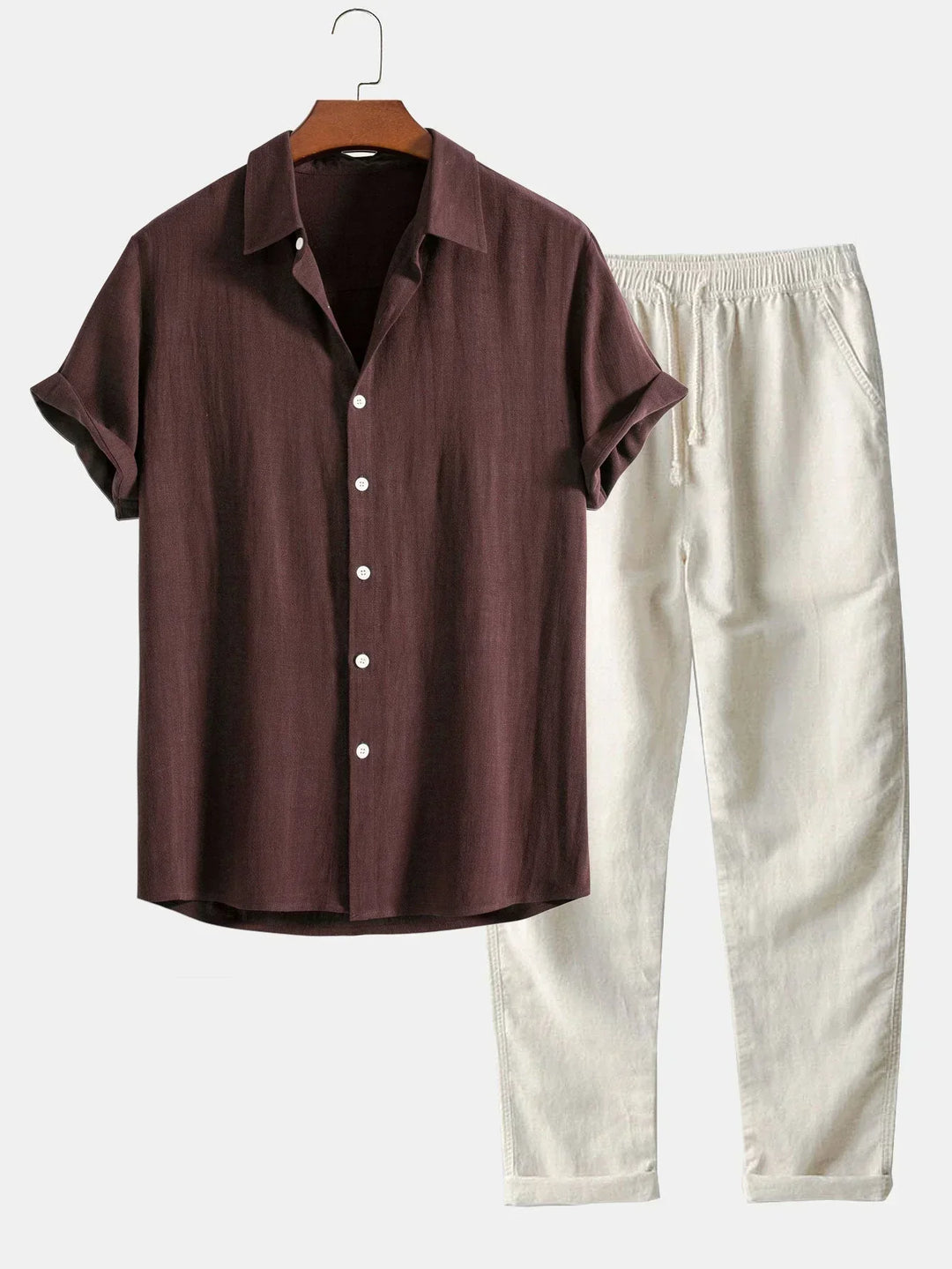 Lucas | Men's Two Piece Set with Short Sleeve Shirt and Elastic Waist Trouser