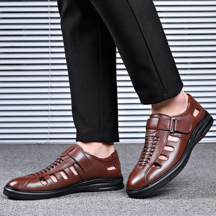 Beleric | Men’s Leather Slip-On Sandals with Woven Detail and Side Cutouts