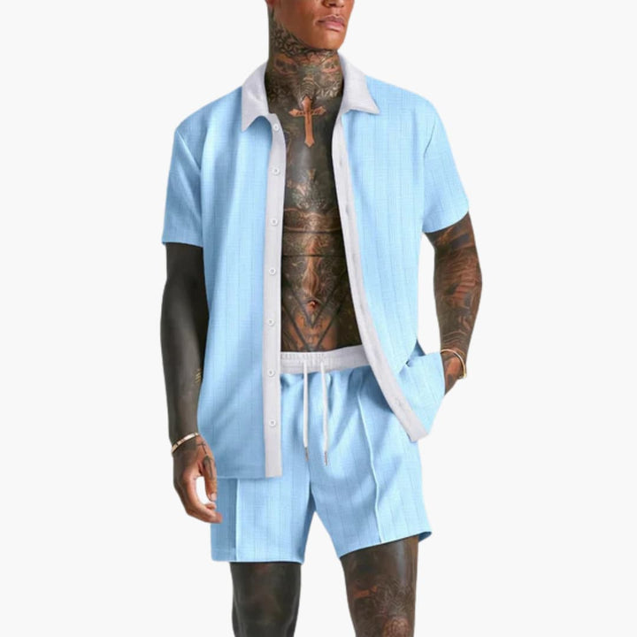 Travis | Men's Two Piece Set with Contrast Button-Up Shirt and Drawstring Shorts