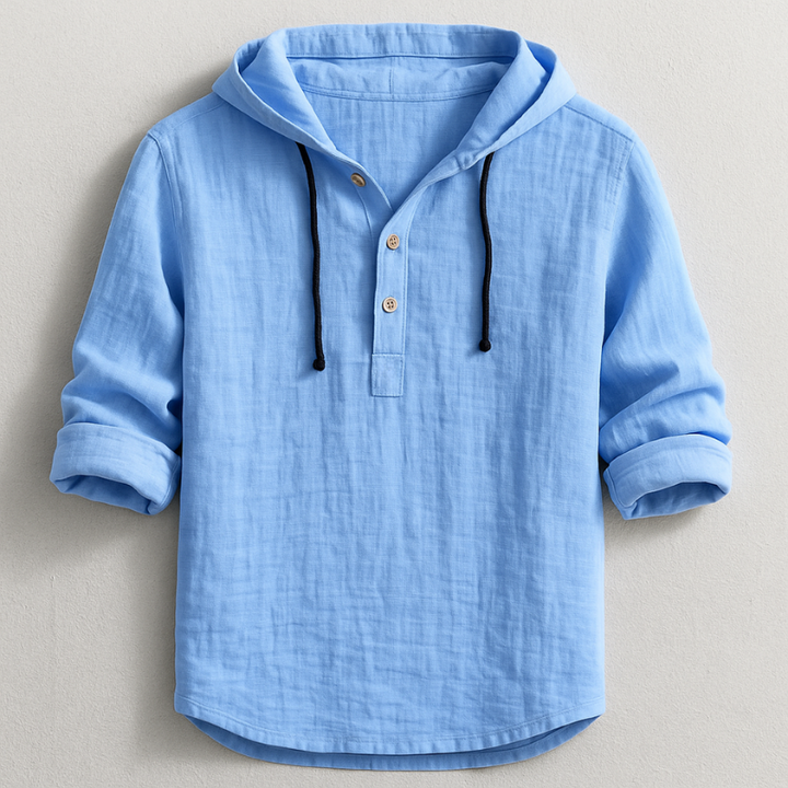Harribone | Men's Linen Hooded Long Sleeve Shirt with Drawstring and Buttons