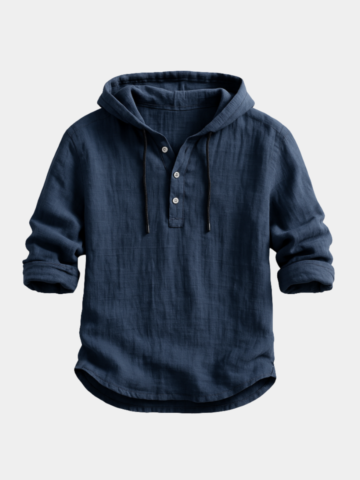 Harribone | Men's Linen Hooded Long Sleeve Shirt with Drawstring and Buttons