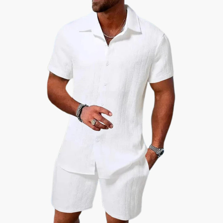 Shawn | Men's Textured Two Piece Set with Button Shirt and Shorts