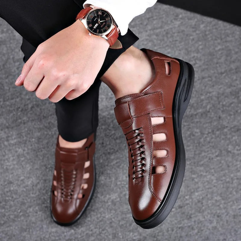 Beleric | Men’s Leather Slip-On Sandals with Woven Detail and Side Cutouts