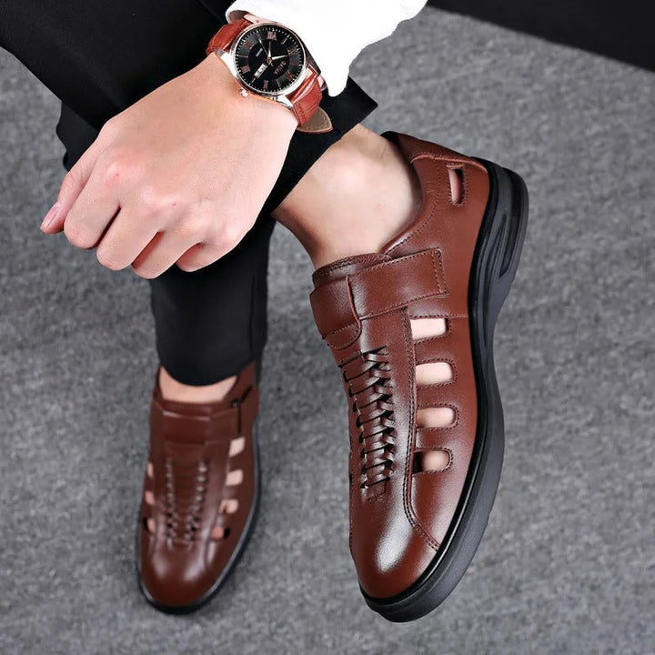 Beleric | Men’s Leather Slip-On Sandals with Woven Detail and Side Cutouts