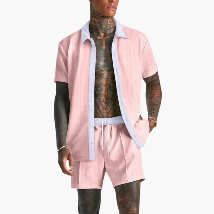 Travis | Men's Two Piece Set with Contrast Button-Up Shirt and Drawstring Shorts