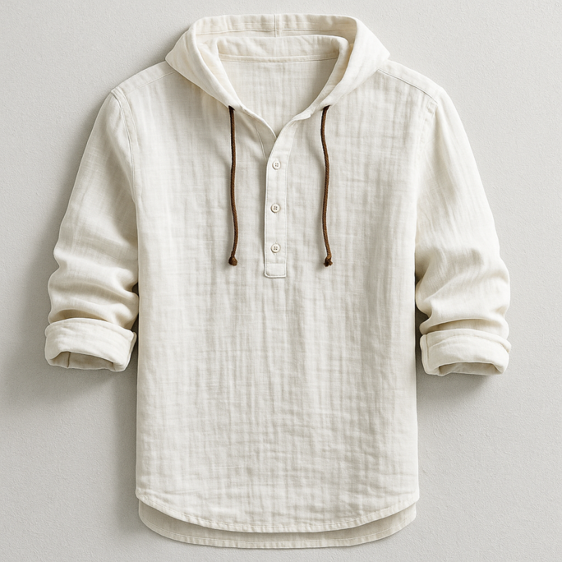 Harribone | Men's Linen Hooded Long Sleeve Shirt with Drawstring and Buttons
