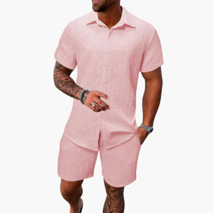 Shawn | Men's Textured Two Piece Set with Button Shirt and Shorts