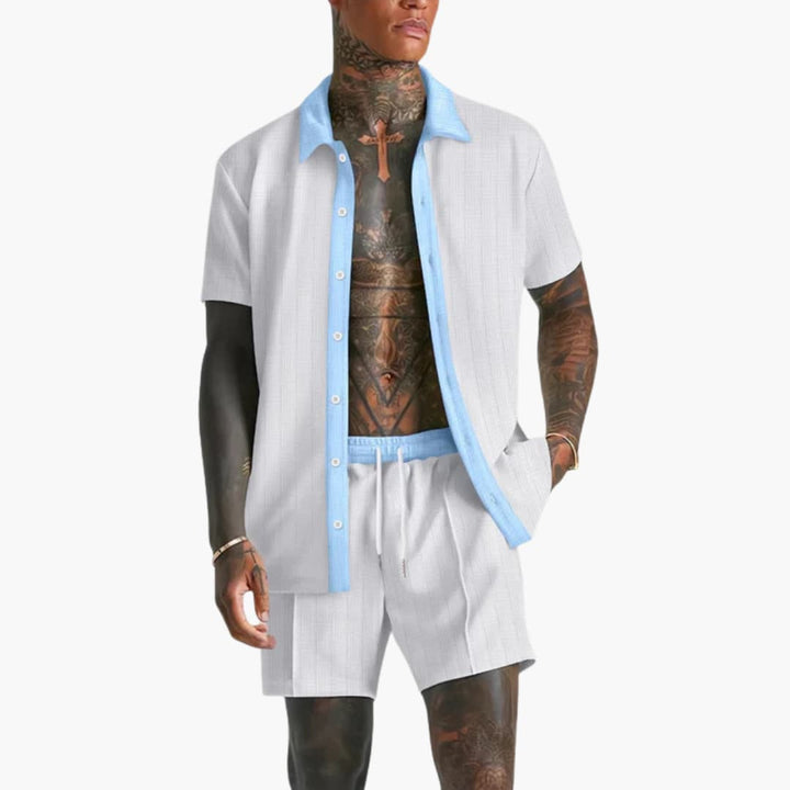 Travis | Men's Two Piece Set with Contrast Button-Up Shirt and Drawstring Shorts