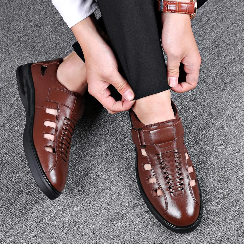 Beleric | Men’s Leather Slip-On Sandals with Woven Detail and Side Cutouts