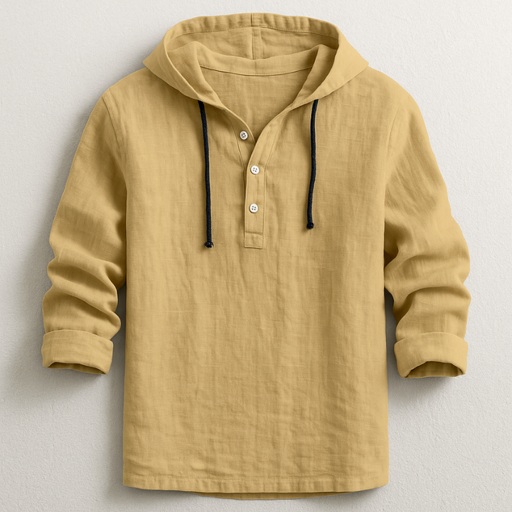 Harribone | Men's Linen Hooded Long Sleeve Shirt with Drawstring and Buttons