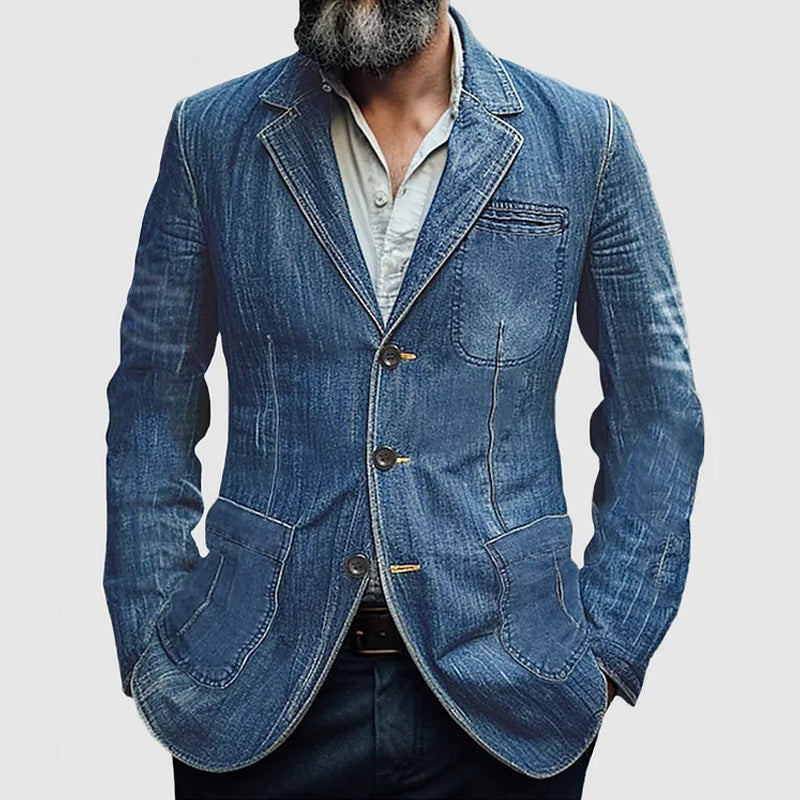 Grayson | Men's Tailored Denim Blazer with Pockets and Notched Lapel