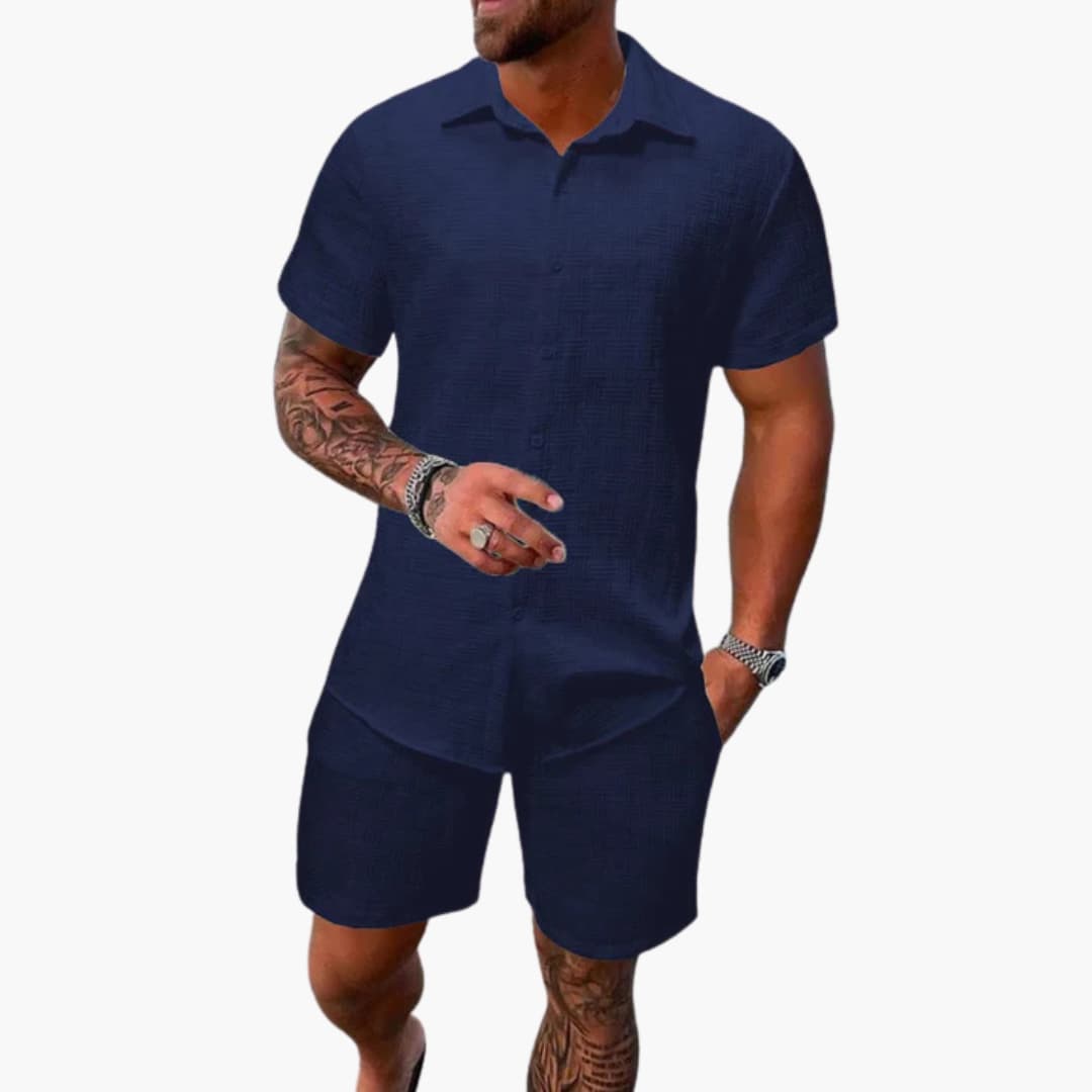 Shawn | Men's Textured Two Piece Set with Button Shirt and Shorts