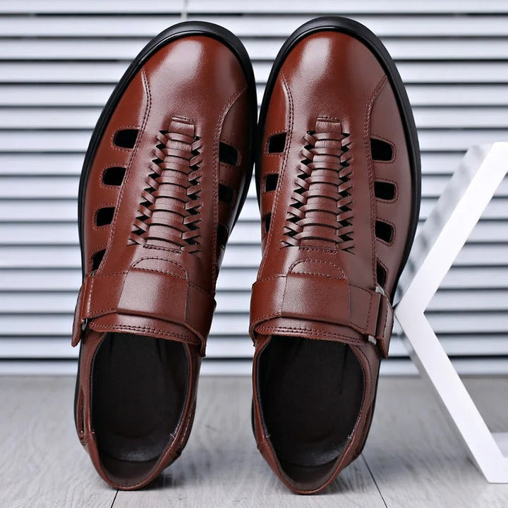 Beleric | Men’s Leather Slip-On Sandals with Woven Detail and Side Cutouts