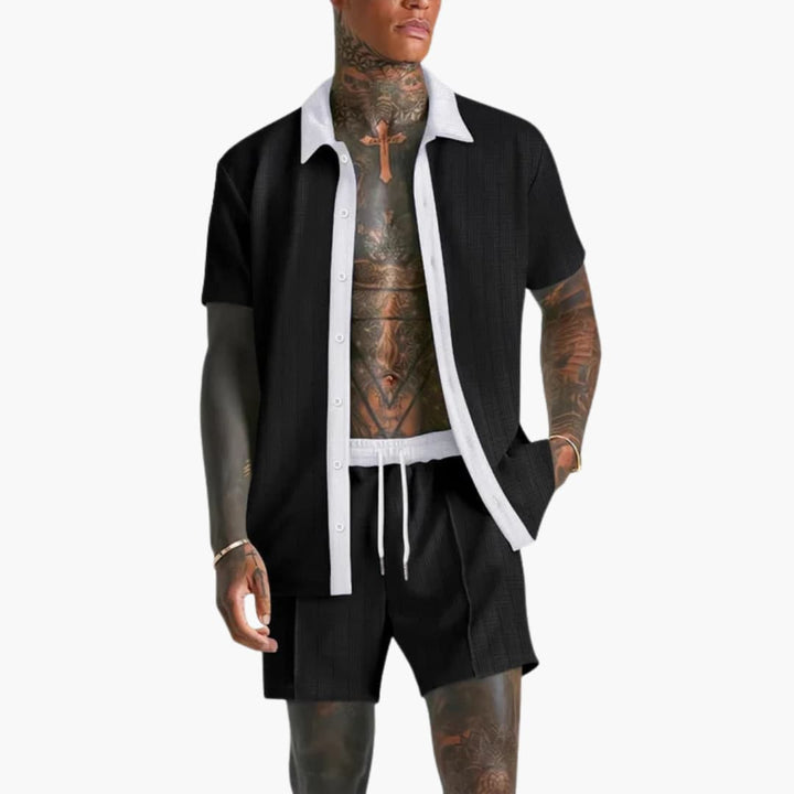 Travis | Men's Two Piece Set with Contrast Button-Up Shirt and Drawstring Shorts