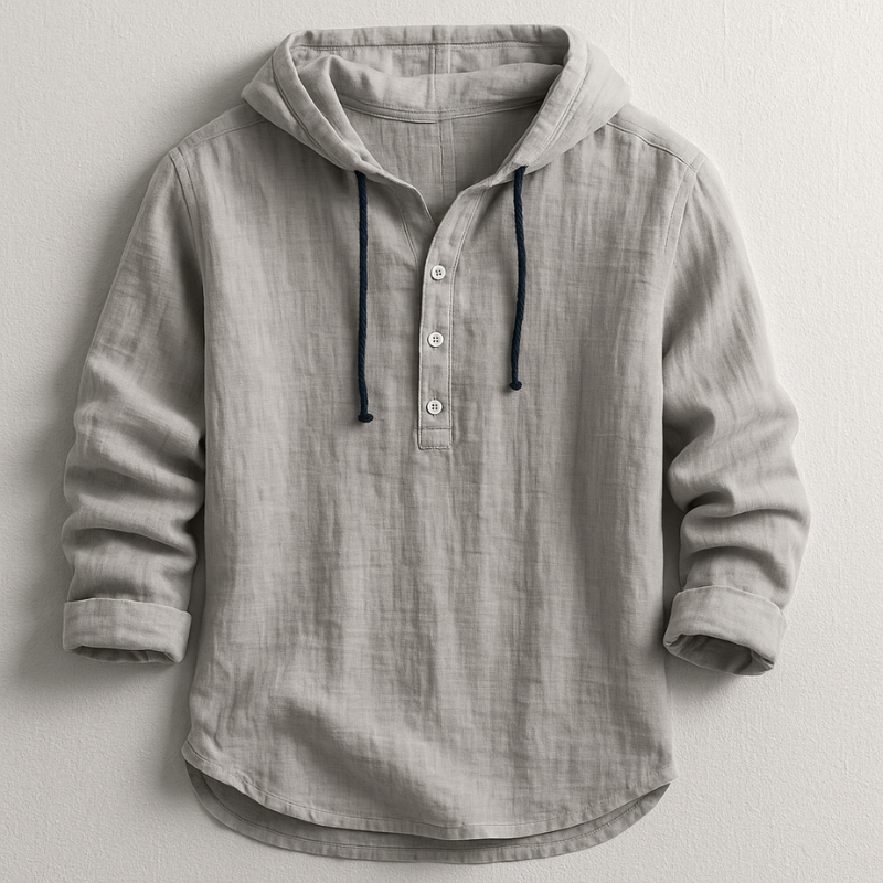 Harribone | Men's Linen Hooded Long Sleeve Shirt with Drawstring and Buttons