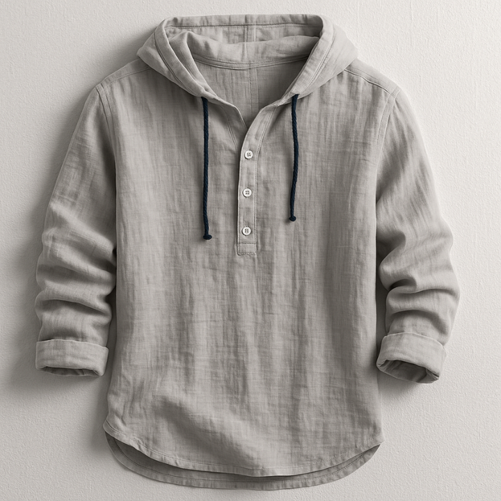 Harribone | Men's Linen Hooded Long Sleeve Shirt with Drawstring and Buttons