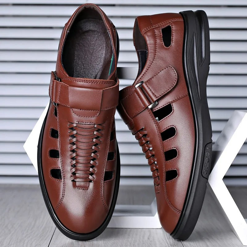 Beleric | Men’s Leather Slip-On Sandals with Woven Detail and Side Cutouts