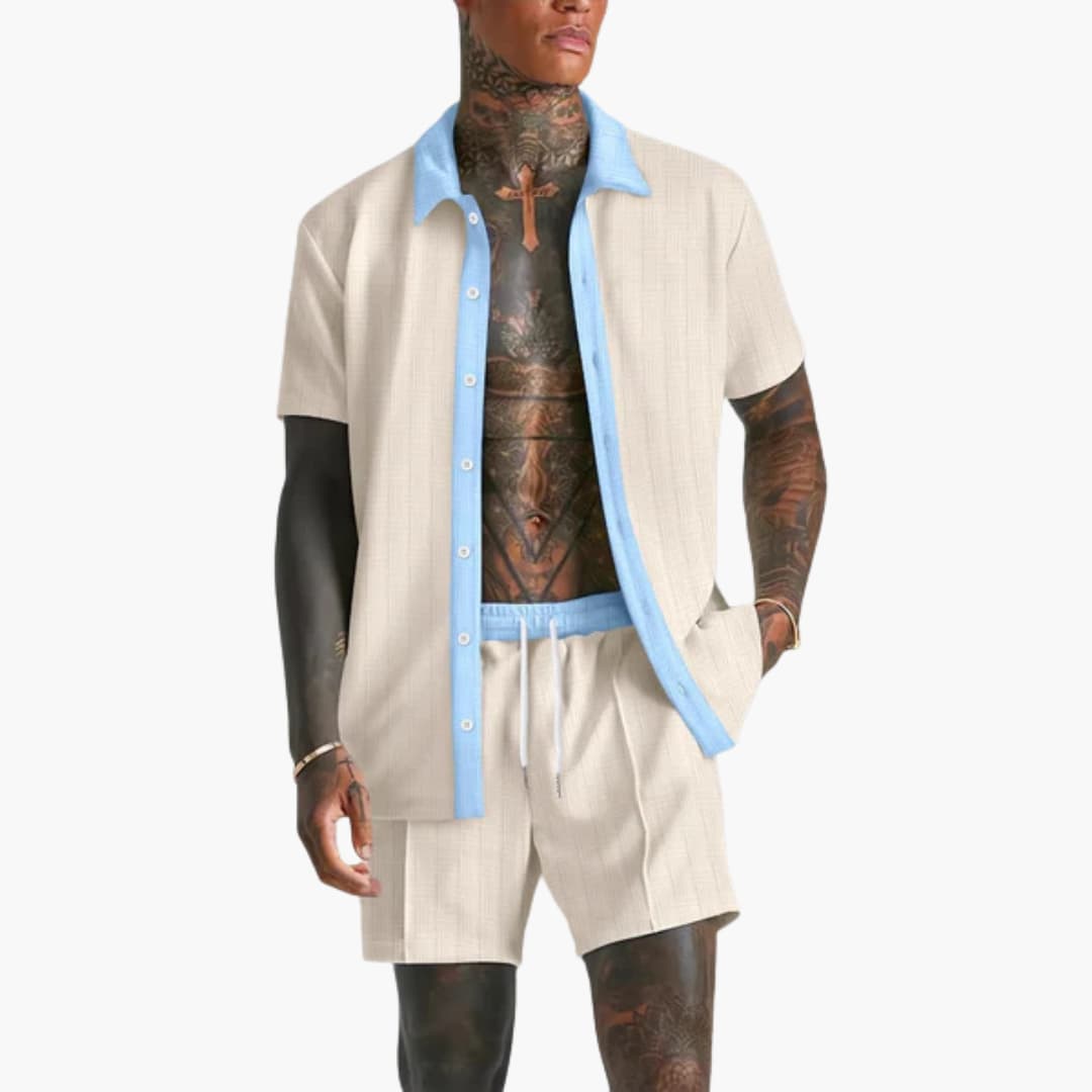 Travis | Men's Two Piece Set with Contrast Button-Up Shirt and Drawstring Shorts