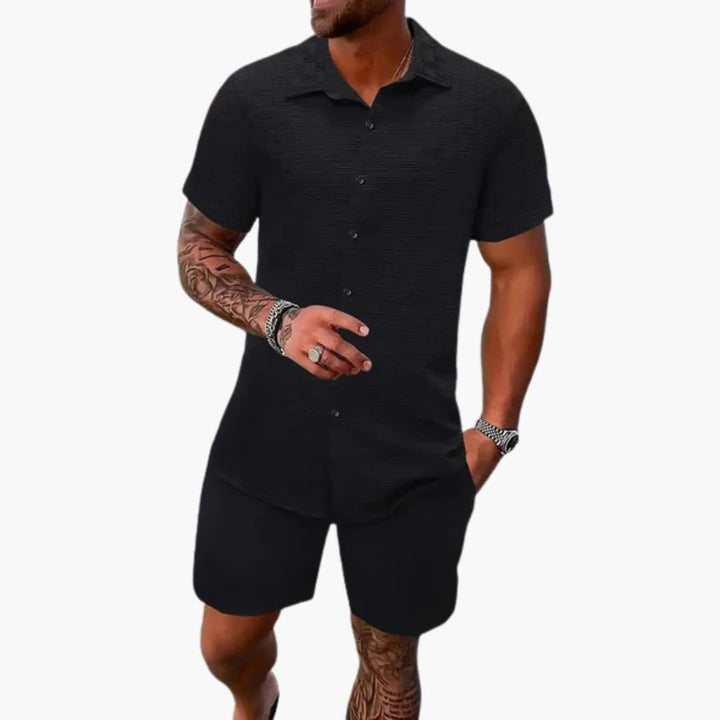 Shawn | Men's Textured Two Piece Set with Button Shirt and Shorts