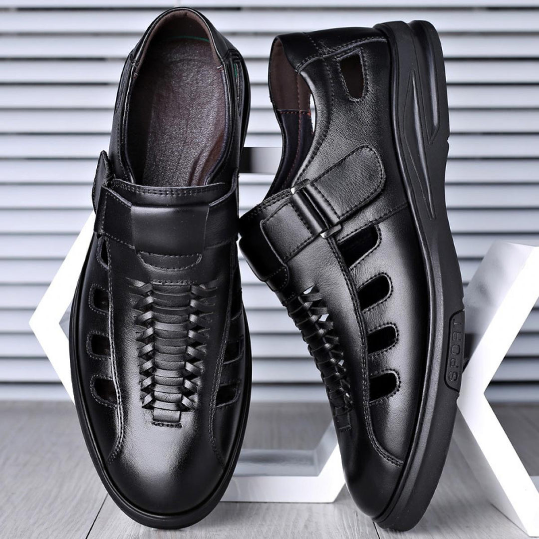 Beleric | Men’s Leather Slip-On Sandals with Woven Detail and Side Cutouts