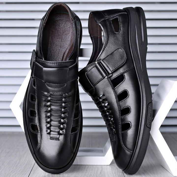 Beleric | Men’s Leather Slip-On Sandals with Woven Detail and Side Cutouts