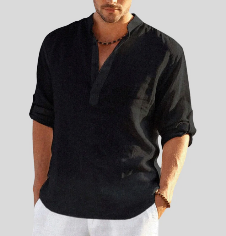 Galen | Men’s V-Neck Linen Shirt with Buttons and Folded Sleeve