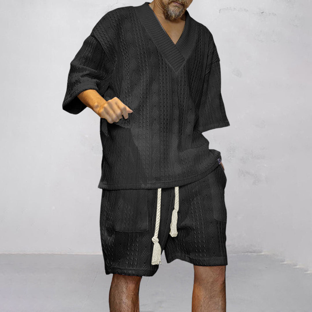 Milan | Men's Cable Knit Two Piece Set with V-neck Shirt and Drawstring Shorts