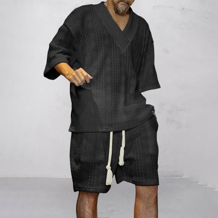 Milan | Men's Cable Knit Two Piece Set with V-neck Shirt and Drawstring Shorts