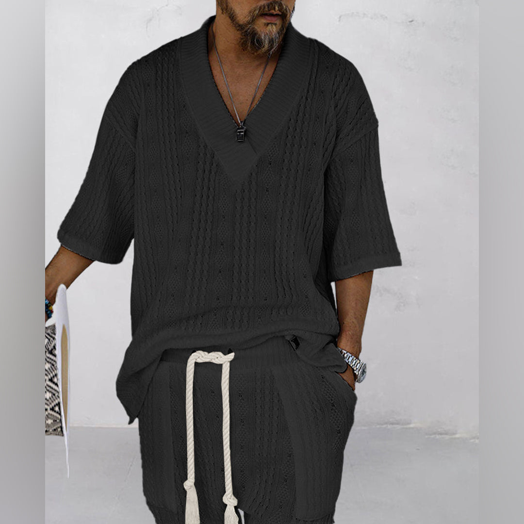 Milan | Men's Cable Knit Two Piece Set with V-neck Shirt and Drawstring Shorts