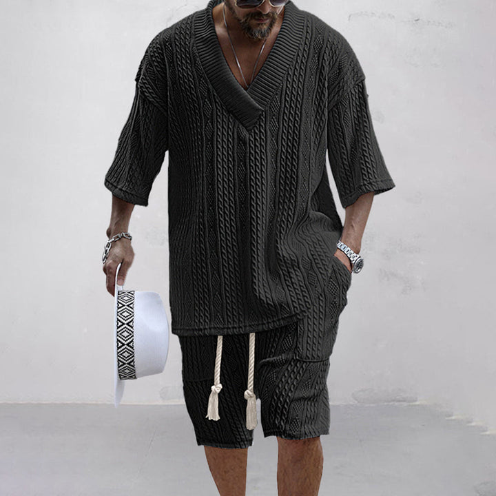 Milan | Men's Cable Knit Two Piece Set with V-neck Shirt and Drawstring Shorts