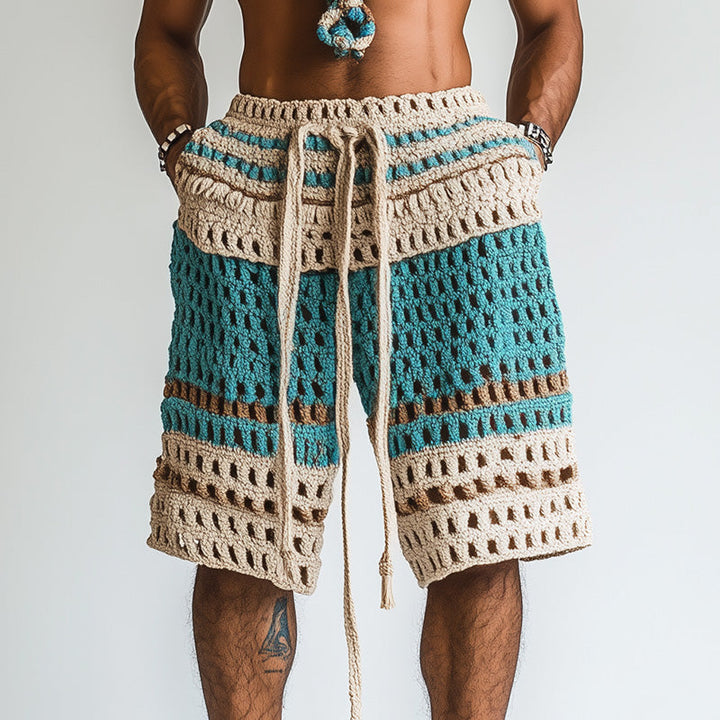 Tobin | Men's Crochet Knit Shorts with Drawstring and Striped