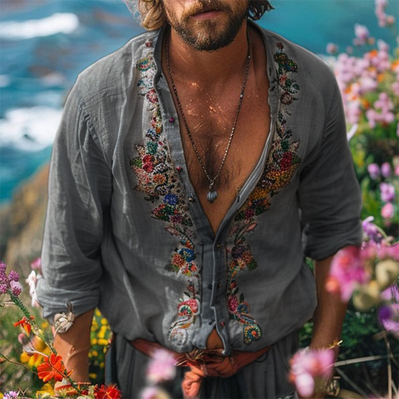 Hadley | Men’s Floral Embroidered Long-Sleeve Shirt with Buttons