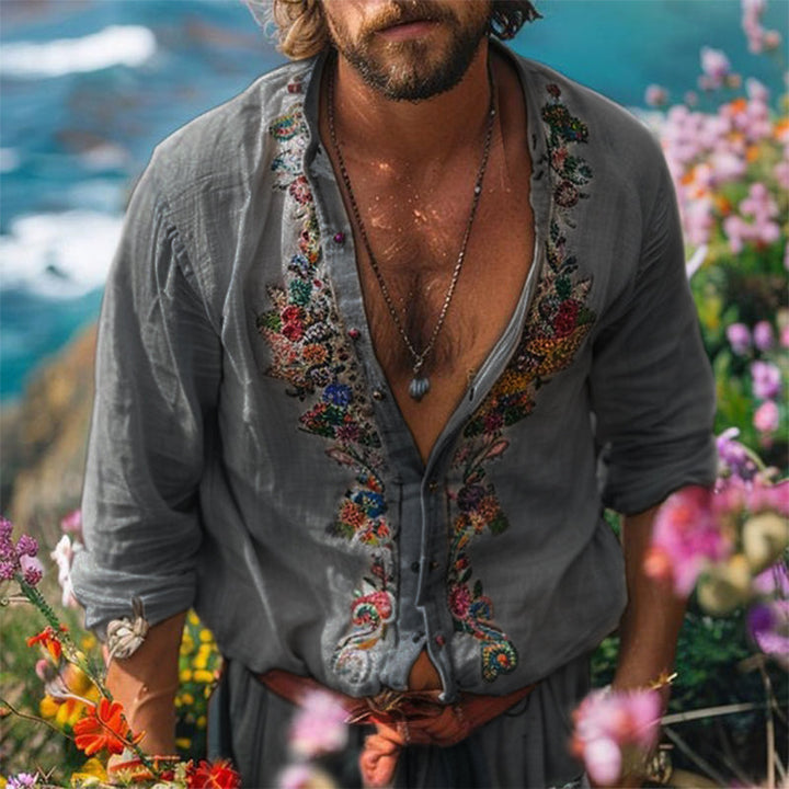 Hadley | Men’s Floral Embroidered Long-Sleeve Shirt with Buttons