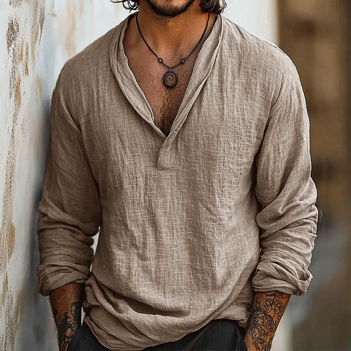 Theo | Men’s Retro Linen Long Sleeve Shirt with V-neck