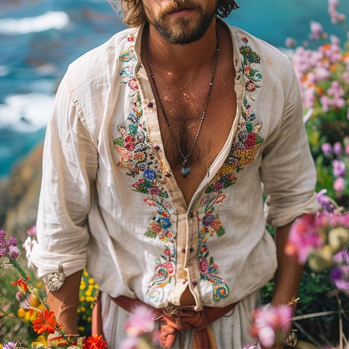 Hadley | Men’s Floral Embroidered Long-Sleeve Shirt with Buttons