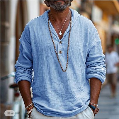 Hadrian | Men’s Stand Collar Linen Button Shirt with V-neck