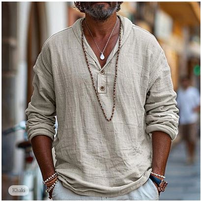 Hadrian | Men’s Stand Collar Linen Button Shirt with V-neck