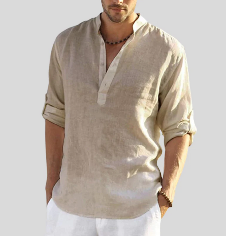 Galen | Men’s V-Neck Linen Shirt with Buttons and Folded Sleeve