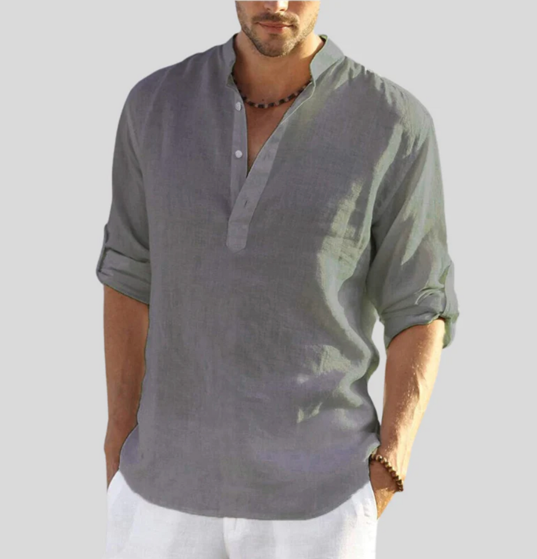 Galen | Men’s V-Neck Linen Shirt with Buttons and Folded Sleeve
