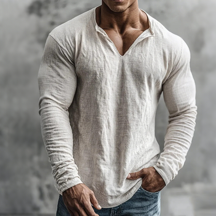 Emmett | Men's Long Sleeve Linen Shirt with V-neck