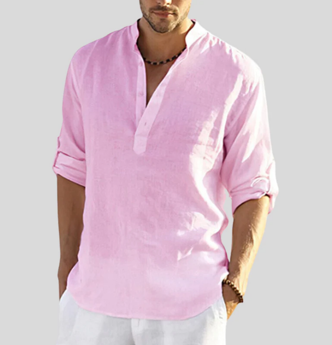 Galen | Men’s V-Neck Linen Shirt with Buttons and Folded Sleeve