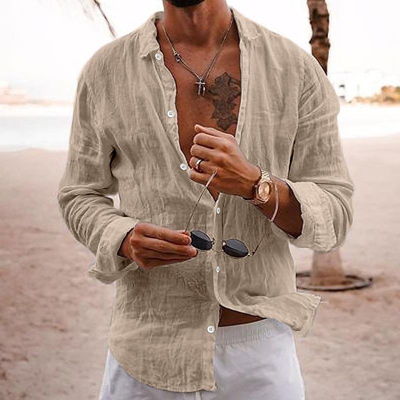 Elias | Men's Linen Long Sleeve Shirt with Lapel Collar and Buttons
