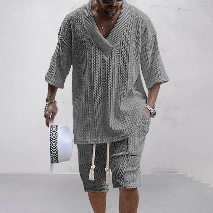 Milan | Men's Cable Knit Two Piece Set with V-neck Shirt and Drawstring Shorts