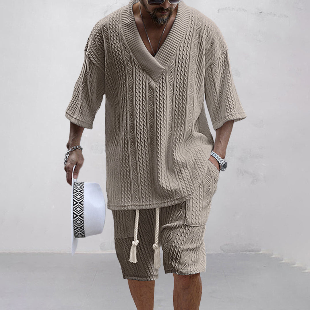Milan | Men's Cable Knit Two Piece Set with V-neck Shirt and Drawstring Shorts