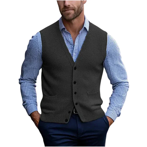 Darwin | Men’s V-neck Knit Vest with Buttons and Pockets