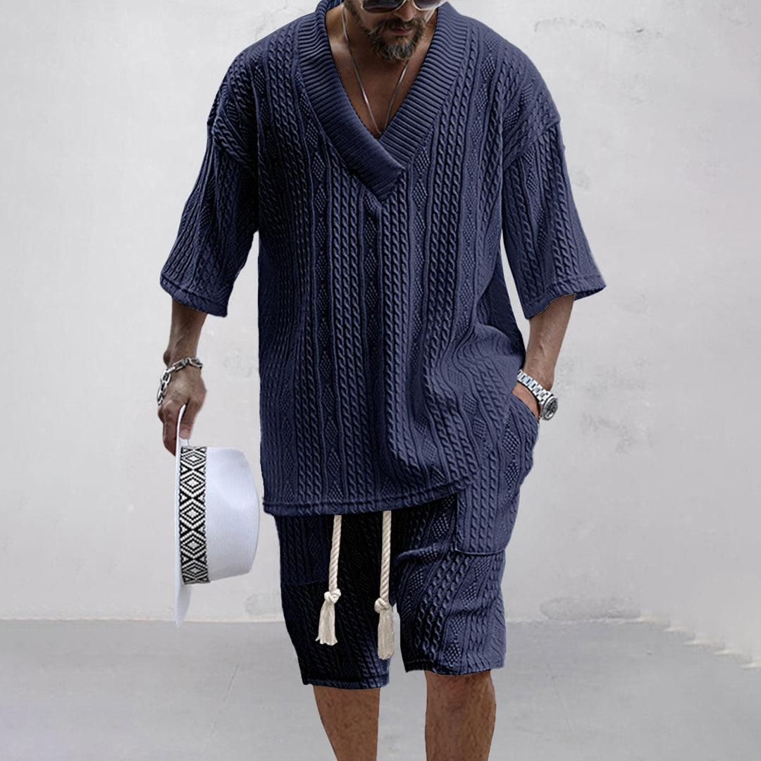 Milan | Men's Cable Knit Two Piece Set with V-neck Shirt and Drawstring Shorts